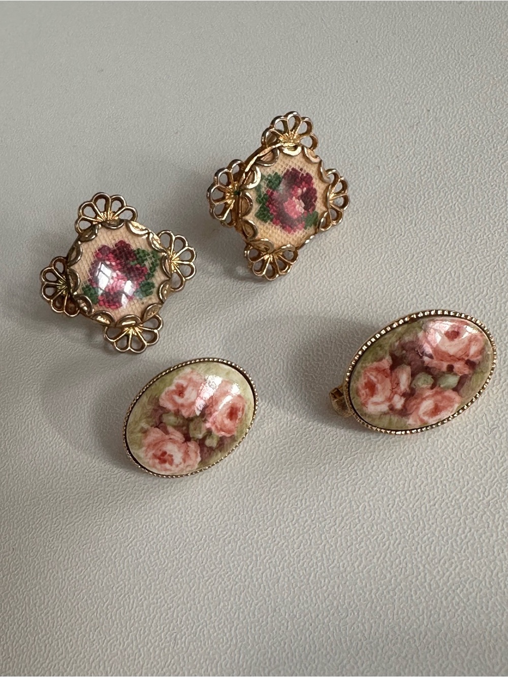 Vintage Floral Porcelain Pink Rose Clip-On Earrings